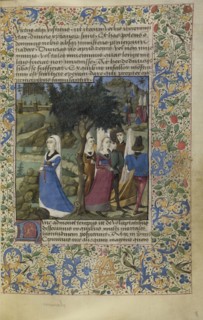 Young Men and Women Outdoors; France; about 1460 - 1470; Tempera colors, gold leaf, gold paint, and ink on parchment