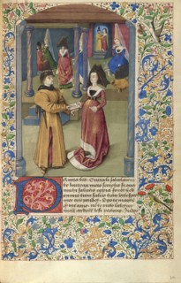 Euryalus Sends His First Letter to Lucretia; France; about 1460–1470; Tempera colors, gold leaf, gold paint, and ink