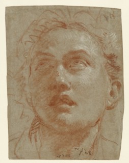Head of a Man Looking Up; Giovanni Battista Tiepolo, Italian, 1696 - 1770, about 1750 - 1760; Red and white chalk on blue laid