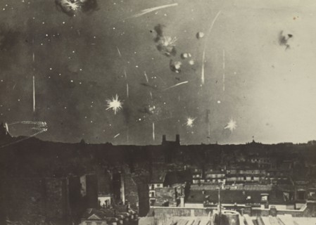 Bombs over low buildings; Fédèle Azari, Italian, 1895 - 1930, Italy; 1914 - 1919; Gelatin silver print; 11.8 x 12.3 cm