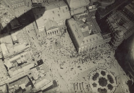 Cityscape with blimp shadow; Fédèle Azari, Italian, 1895 - 1930, Milan, Italy; 1914 - 1929; Gelatin silver print; 11.6 x 12 cm