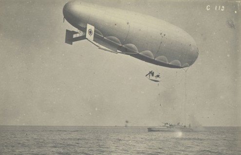 Blimp attached to a boat; Fédèle Azari, Italian, 1895 - 1930, Italy; 1914 - 1929; Gelatin silver print; 10.9 x 11.3 cm