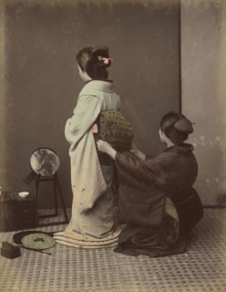 Dressing Obi; Kusakabe Kimbei, Japanese, 1841 - 1934, active 1880s - about 1912, Japan; 1870s - 1890s; Hand-colored Albumen