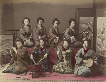 Playing Samisen, Tsudzumi, Fuye and Taiko; Kusakabe Kimbei, Japanese, 1841 - 1934, active 1880s - about 1912, Japan; 1870s