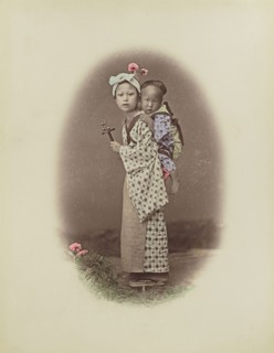 Carrying Baby; Kusakabe Kimbei, Japanese, 1841 - 1934, active 1880s - about 1912, Japan; 1870s - 1890s; Hand-colored Albumen