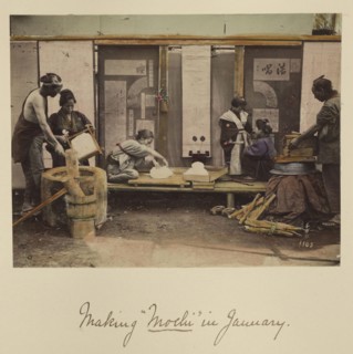 Making Mochi in January; Shinichi Suzuki, Japanese, 1835 - 1919, Japan; about 1873 - 1883; Hand-colored Albumen silver print