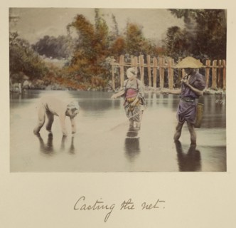 Casting the net; Shinichi Suzuki, Japanese, 1835 - 1919, Japan; about 1873 - 1883; Hand-colored Albumen silver print