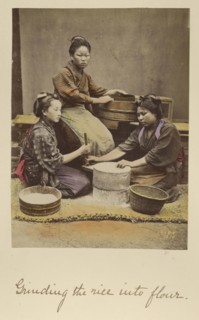 Grinding the rice into flour; Shinichi Suzuki, Japanese, 1835 - 1919, Japan; about 1873 - 1883; Hand-colored Albumen silver