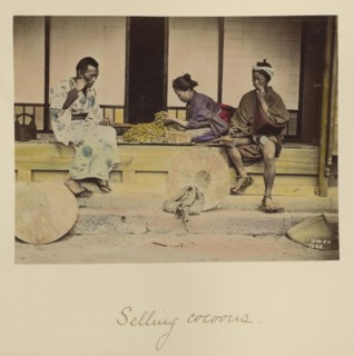 Selling Cocoons; Shinichi Suzuki, Japanese, 1835 - 1919, Japan; about 1873 - 1883; Hand-colored Albumen silver print