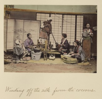 Winding Off the Silk From the Cocoons; Shinichi Suzuki, Japanese, 1835 - 1919, Japan; about 1873 - 1883; Hand-colored Albumen