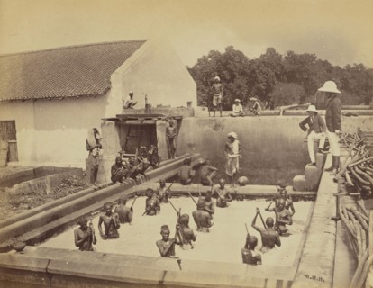 Beating a vat by hand; Oscar Mallitte, British, about 1829 - 1905, active Allahabad, India 1870s, Allahabad, India; 1877