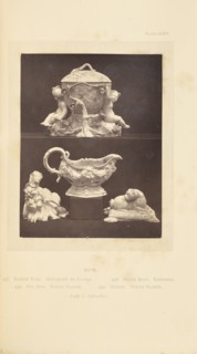 Vase, sauce boat, and two figurines; William Chaffers, English, 1811 - 1892, London, England, Europe; 1871; Woodburytype