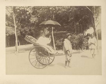 Rickshaw Driver and Passenger with Umbrella; Unknown maker; Peking, China; 1870 - 1890; Albumen silver print