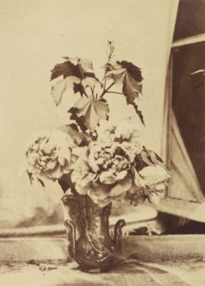 Flowers with Branch of Leaves in Decorative Vase; French, Louis Désiré Blanquart-Evrard, French, 1802 - 1872, Lille, France