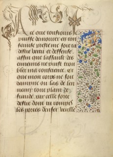 Decorated Text Page; Ghent, written, Belgium; 1469; Tempera colors, gold leaf, gold paint, silver paint, and ink on parchment