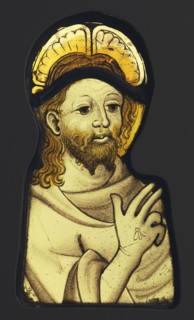 The Resurrected Christ Blessing; English; Norfolk?, England; about 1450 - 1470; Colorless glass, vitreous paint, and silver
