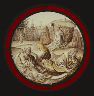 Christ on the Mount of Olives; Netherlandish; Netherlands; about 1480 - 1500; Colorless glass, vitreous paint, and silver stain