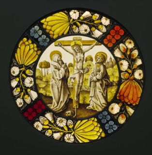 The Crucifixion; Netherlandish; South Netherlands; about 1490 - 1500; Pot-metal and colorless glass, vitreous paint, and silver