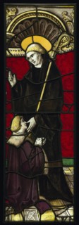 Benedictine Abbot Saint with a Donor; French; Lorraine, France; about 1510 - 1515; Pot-metal and colorless glass, vitreous paint