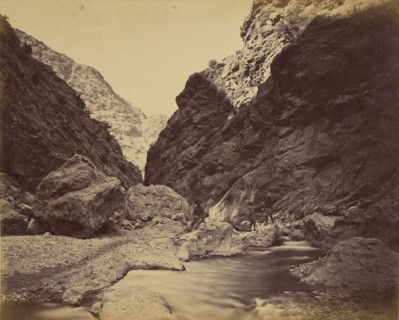 Three men beside river; John Burke, British, active 1860s - 1870s, Afghanistan; 1878 - 1879; Albumen silver print
