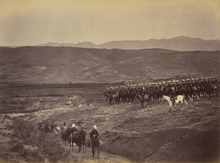 British cavalry on hillside; John Burke, British, active 1860s - 1870s, Afghanistan; 1878 - 1879; Albumen silver print