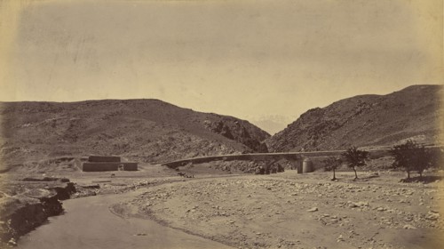 Bridge crossing desert river; John Burke, British, active 1860s - 1870s, Afghanistan; 1878 - 1879; Albumen silver print