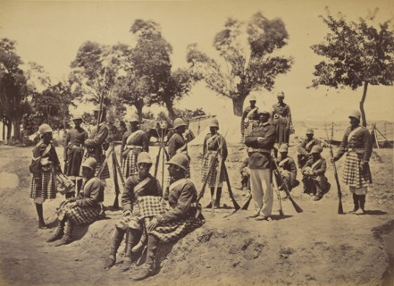 Soldiers in tartan kilts; John Burke, British, active 1860s - 1870s, Afghanistan; 1878 - 1879; Albumen silver print