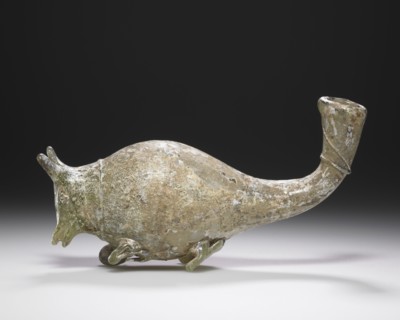 Mouse Flask; Eastern Mediterranean; 3rd - 4th century; Glass; 14 x 5.2 cm, 5 1,2 x 2 1,16 in