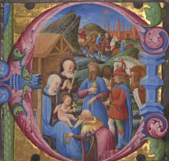 Initial E: Adoration of the Magi; Franco dei Russi, Italian, active about 1453 - 1482, Veneto, Italy; 1470s; Tempera and gold
