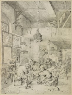 Peasants Playing Backgammon and Merry-Making in a Tavern; Cornelis Dusart, Dutch, 1660 - 1704, 1694; Graphite and pen and gray