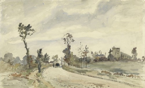 Louveciennes, Route de Saint-Germain; Camille Pissarro, French, 1830 - 1903, France; 1871; Watercolor over black chalk