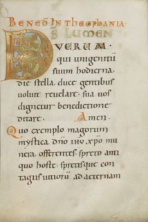 Decorated Initial D; Regensburg, Bavaria, Germany; about 1030 - 1040; Tempera colors, gold leaf, and ink on parchment; Leaf