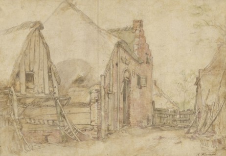 View of a Farm Courtyard, recto, Study of a Tree, verso, Abraham Bloemaert, Dutch, 1564 - 1651, Netherlands; about 1600