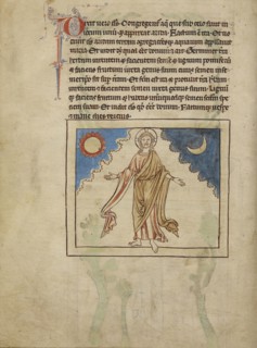 The Creation of the Sun, Moon, and Stars; England; about 1250 - 1260; Pen-and-ink drawings tinted with body color