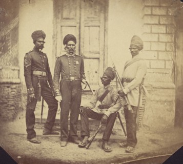Soubador & Sepoys; Felice Beato, 1832 - 1909, India; 1858 - 1860; Salted paper print; 16.2 × 18.3 cm
