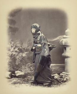 Woman in Winter Dress; Felice Beato, 1832 - 1909, Japan; about 1868; Hand-colored Albumen silver print
