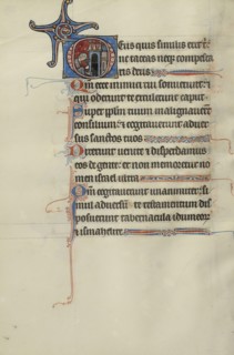 Initial D: A Man Hammering a Nail into the Ground before a Building; Bute Master, Franco-Flemish, active about 1260 - 1290