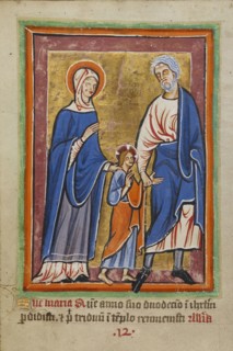 Christ Led to Jerusalem by Mary and Joseph; Norfolk perhaps, written, East Anglia, England; illumination about 1190; written