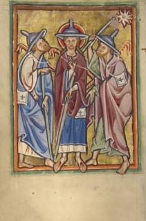 The Road to Emmaus; Norfolk perhaps, written, East Anglia, England; about 1190–1200; Tempera colors and gold leaf on parchment