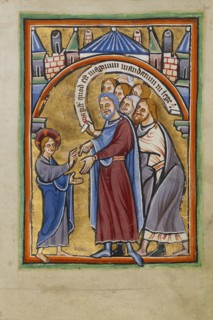 Christ Among the Doctors; Norfolk perhaps, written, East Anglia, England; illumination about 1190; written about 1490; Tempera