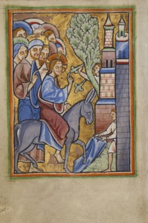 The Entry into Jerusalem; Norfolk perhaps, written, East Anglia, England; illumination about 1190; written about 1490; Tempera