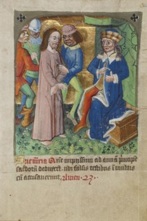 Christ before Annas; Norfolk perhaps, written, East Anglia, England; illumination about 1190; written about 1490; Tempera