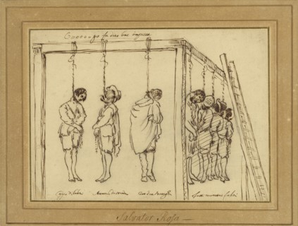 Seven Men on the Gallows; Bolognese School; Italy; about 1630; Pen and brown ink over black chalk; 18.7 × 26 cm