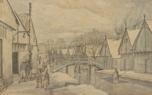 A Street in Jisp on a Winter's Day; Abraham Rutgers, Dutch, 1632 - 1699, Netherlands; before 1664; Pen and brown and black ink