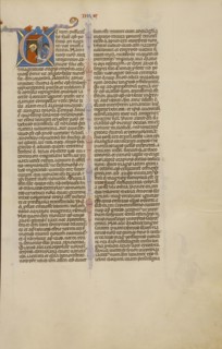 Initial U: A Monk with a Scroll and a Messenger; Bologna, Emilia-Romagna, Italy; about 1280 - 1290; Tempera colors, gold leaf
