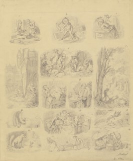 Fourteen Scenes Related to the Tale of Tom Thumb; Oswald Adalbert Sickert, British, 1828 - 1885, Germany; about 1851; Graphite