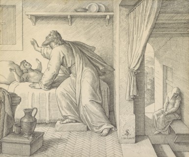 Elijah Revives the Son of the Widow of Zarephath; Julius Schnorr von Carolsfeld, German, 1794 - 1872, Germany; 1842; Black ink