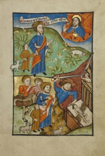 The Sacrifice of Isaac; Norfolk perhaps, written, East Anglia, England; illumination about 1190; written about 1490; Tempera