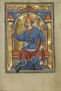 Herod Enthroned; Norfolk perhaps, written, East Anglia, England; illumination about 1190; written about 1490; Tempera colors