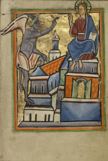 The Second Temptation; Norfolk perhaps, written, East Anglia, England; illumination about 1190; written about 1490; Tempera